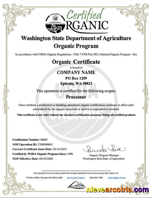 USA Washington organic certificate of company
